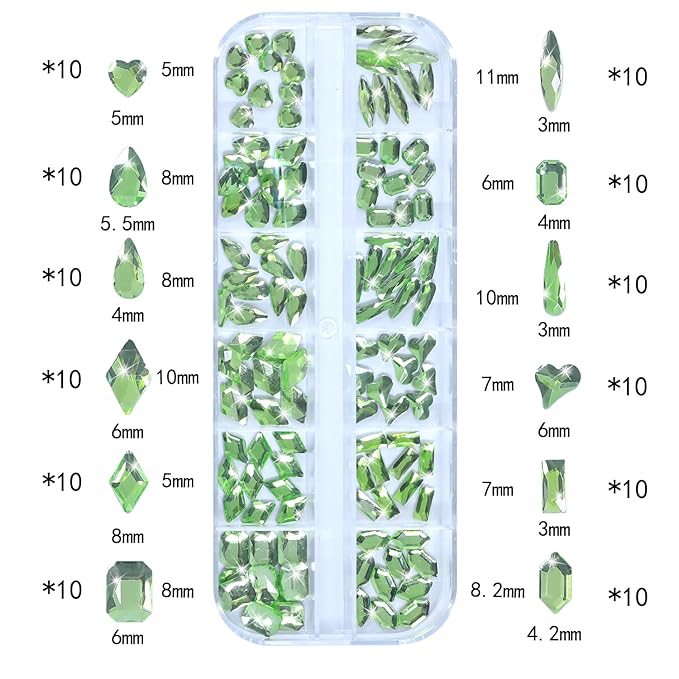 HNUIX Nail Rhinestones - 3D Multi Shape Size Crystal, Crystal Light Green, Flat Back, with Kit, for Nail Art, DIY Decorations