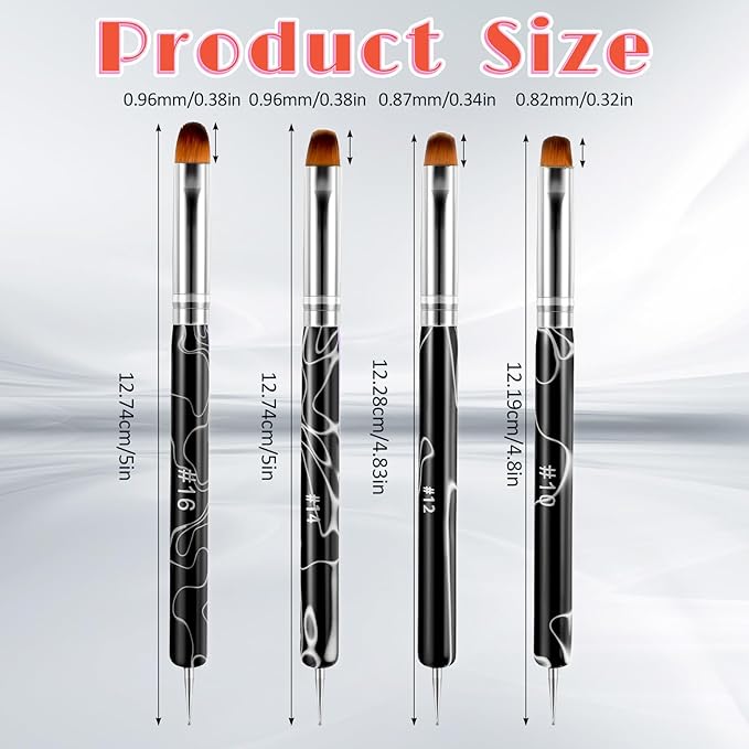 4pcs 2 Way Nail Art Brush with Dotting French Nail Brush Set French Gel Acrylic Nail Art Brush Professional Manicure Tool for Nail Arts Detailed Design Manicure Cuticle Clean up (10#, 12#, 14#, 16#)
