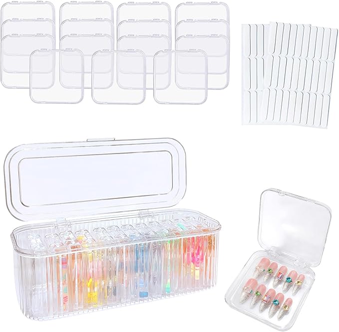 Press On Nail Organizer Box Kit,15 PCS Clear Press On Nail Storage Boxes and 1 Large Container Box,60pcs Adhesive Tape, Fake Nail Organizer Display Case Press On Nail Packaging for Home Nail Salon Use