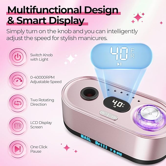 40000RPM Electric Nail File Drill Professional Kit, Drill Machine with LCD Display, Manicure Pedicure Polishing Acrylic Gel Nail Grinder for Salon, Home Use