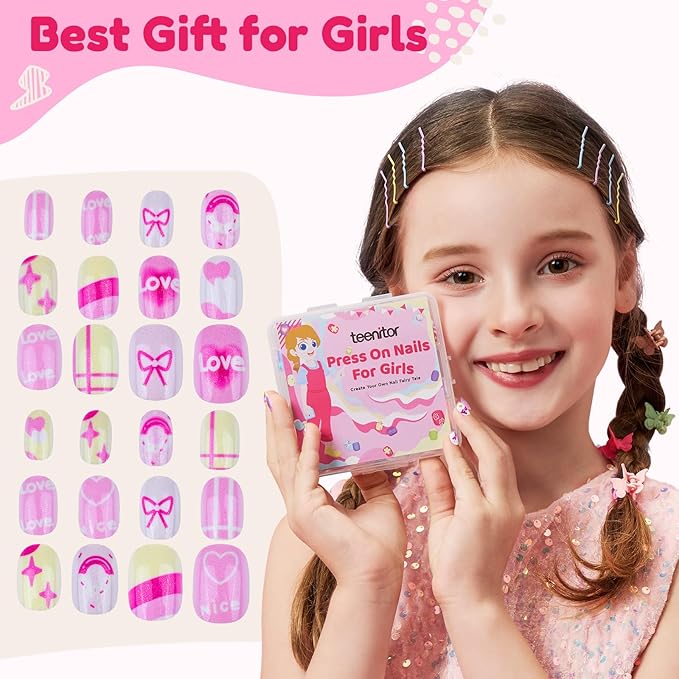Teenitor 216pcs Press on Nails for Girls, 9 Colors 10 Sizes Press On Nails for Kids Fake Nails Little Girl Nails, Short Acrylic Nails with Nail Adhesive Tabs, Nail File Buffer