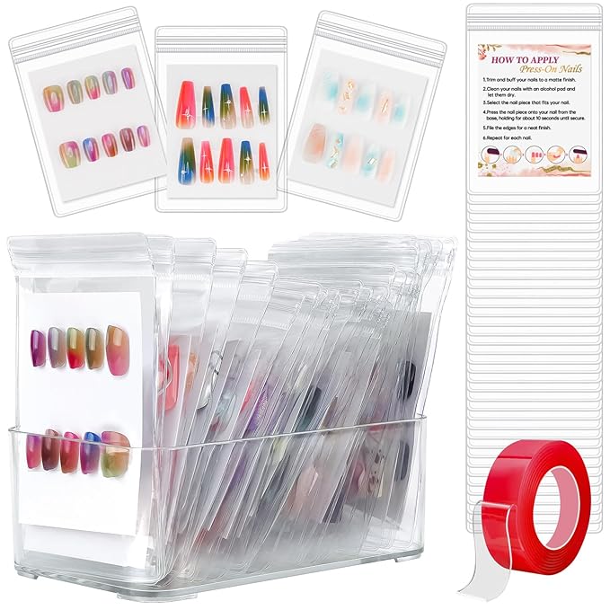 Press On Nail Storage Set,30 PVC Ziplock Bags, 30 Nail Art Cards, a Roll of Transparent Double-Sided Tape and an Acrylic Storage Box