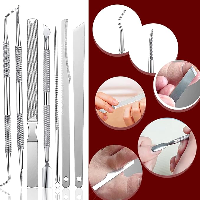 Pedicure Knife Set for Feet, 7pcs Ingrown Toenail File and Lifters, Safe Nail Cleaning Treatment Pedicure Tools Kit Under Sidewall Cleaner Pain Relief Accessories (red)