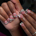 Nude Pink Press on Nails Short Square MABKJLF French Tip Fake Nails False Nails with Designs Bow Cherry Butterfly Flower Charm Rhinestones Glossy Glue on Nails Acrylic Nails for Women Girls 24 Pcs