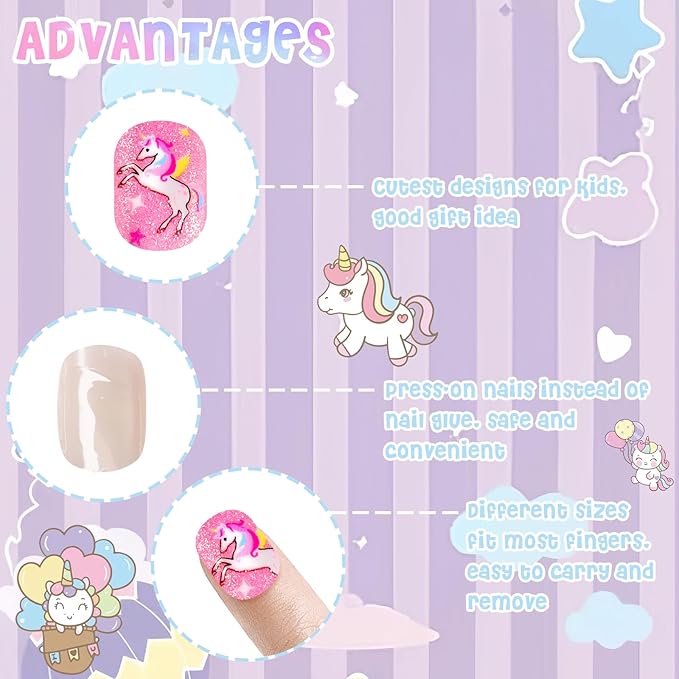 Laza Children Nails Press On Pre-glue Full Cover Colorful Stars Rainbow Clouds Cute Short False Nail Kits for Kids Teenager Girls-Rainbow Unicorn