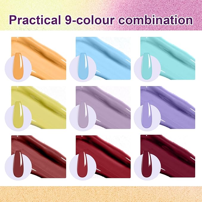 Gradient Gel Nail Set, 9 Colors Ombre Gel Nail Polish with 6 Aurora Multi-Purpose Brushes for Pigment Pat Nails French Manicure Nail DIY Painting Soak Off UV F Tropic Dusk