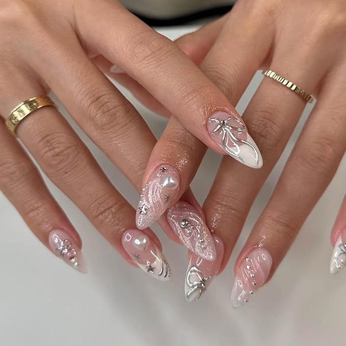 Hkanlre Cute Press on Nails Silver Fake Medium Nails Tips Full Cover Almond French False Nails for Women and Girls 24PCS