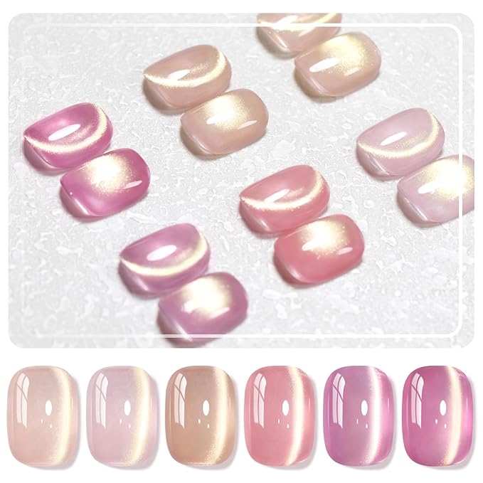 RARJSM Jelly Nude Gold Glitter Cat Eye Gel Nail Polish Set 6Pcs Sheer Pink Light Purple Champagne Mavue Brown Diamond Cateye Gelpolish with Magnetic Stick UV LED Curing Require Home Salon Nail Design