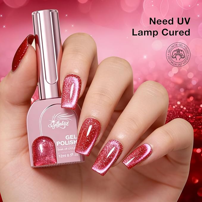 Ruby Pink Cat Eye Gel Nail Polish with Magnetic Stick - 12ML Glitter Magnetic Nail Polish for Multiple 3D Effects, Soak Off UV LED Gel Polish for DIY Manicure Salon Gifts for Women