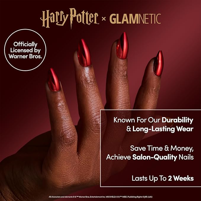 Glamnetic Press On Nails x Harry Potter™ - Godric Gryffindor™ | Short Almond Fake Nails with Red Metallic Chrome & Gradient Underside, Officially Licensed | 15 Sizes - 30 Nail Kit with Glue
