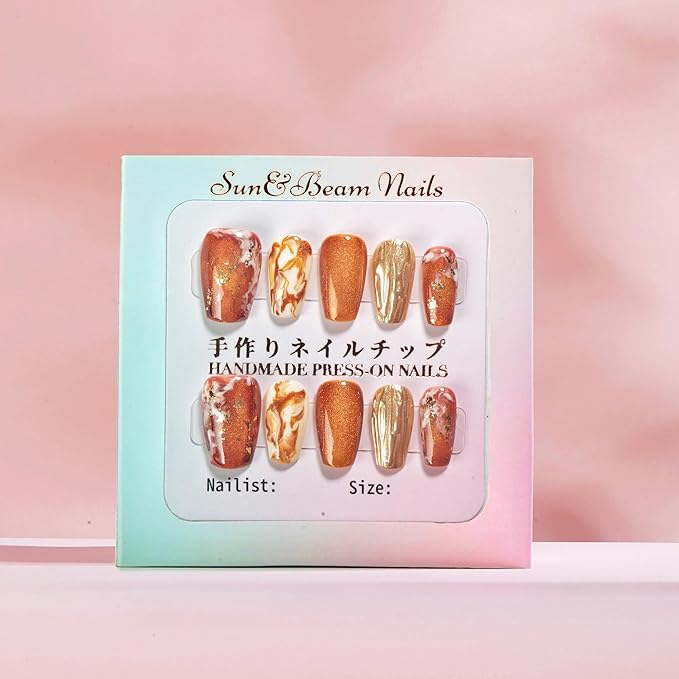 Sun&Beam Nails Handmade Press-on Short Coffin Ballerina Brown Gold White Amber Gradients Design False Nail Tips 10 Pcs (#134 L)