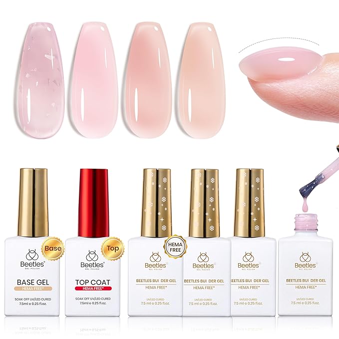 Beetles Builder Gel Set HEMA Free-Whispered Petals 4 Colors 8 in 1 Thickening Strengthening Building Apex with Base&Top Coat Gel for Beginner DIY Salon at Home, UV & LED Nude Pink Builder Nail Gel