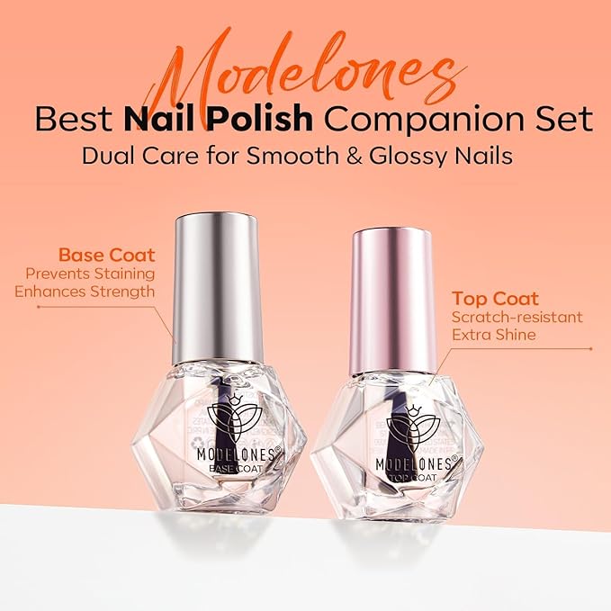 modelones 2 Pcs No Wipe Top Coat and Base Coat Nail Polish Set, Clear Quick Dry Nail Polish High Shine Long Lasting Glossy Regular Nail Lacquer Air Dry Fast Base Top Coat Gifts for Women Nail Art 5 ML