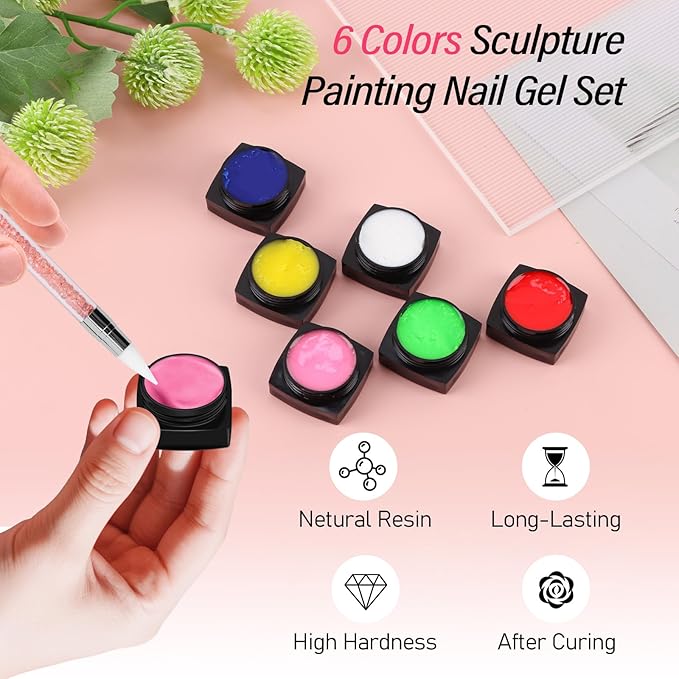 EBANKU Sculpture Painting Nail Gel Set, 6 Colors 3D Nail Carved Gel Sculpture Creative DIY Decoration Painting Glue with Silicone Pen, Cuticle Pusher and Carving Brush