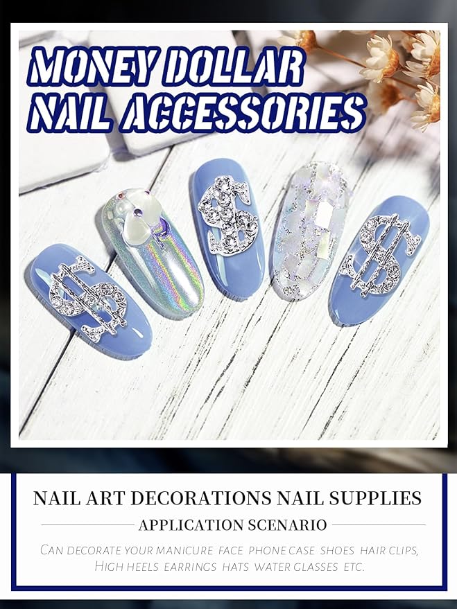 20Pcs Money Dollar Nail Charms, Wsimily 3D Silver Gold Alloy Dollar Rhinestones Nail Art Charms Shiny Money Sign Crystal Nail Decorations for Women Girls Nail Art Craft Jewelry DIY
