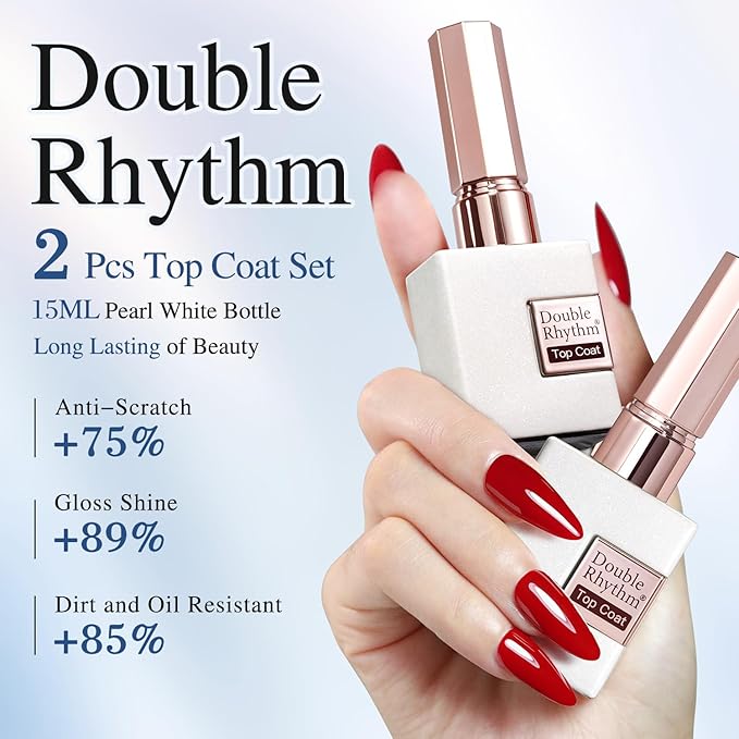 Double Rhythm 2 Pcs 15ML No Wipe Gel Top Coat and Base Coat Set Clear Glossy Gel Polish Kit Soak Off UV LED (2Pcs Top Coat)