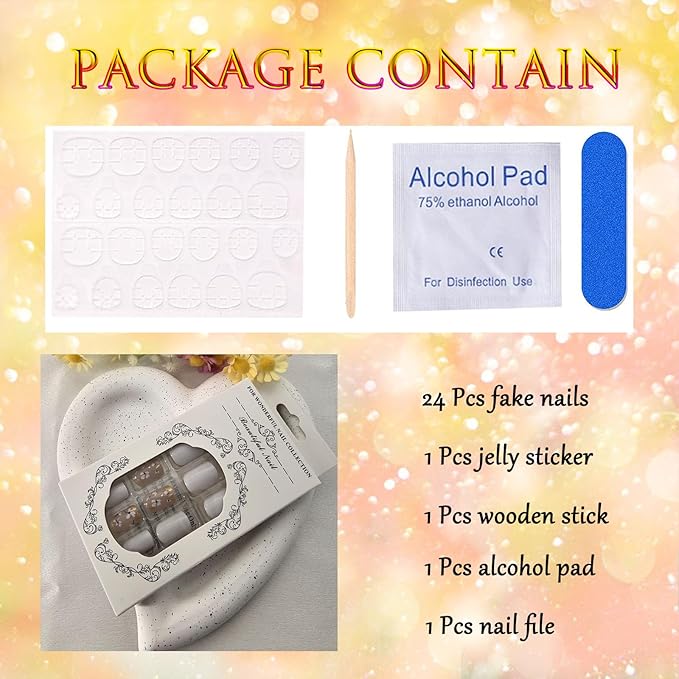 White Press on Nails Short Square Fake Nails Flowers Glue on Nails Summer Petals Acrylic Nails Press ons Glossy Gold Glitter False Nails Glossy Stick on Nails for Women 24 Pcs