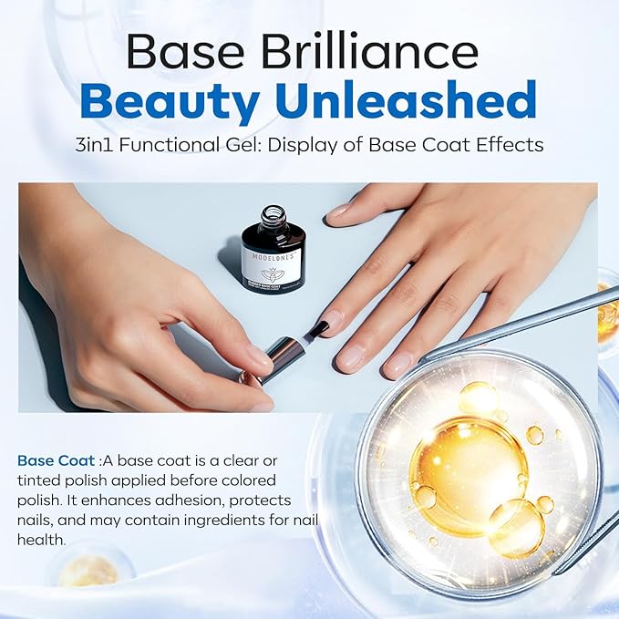 modelones Builder Rubber Gel Base Coat for Nails, Clear Rubber Base Gel Nail Polish for Strengthen/Apex Building/Enhance/Reinforced Long Lasting Fiber Protect Soak Off U V LED Gift for Thin Weak Nails