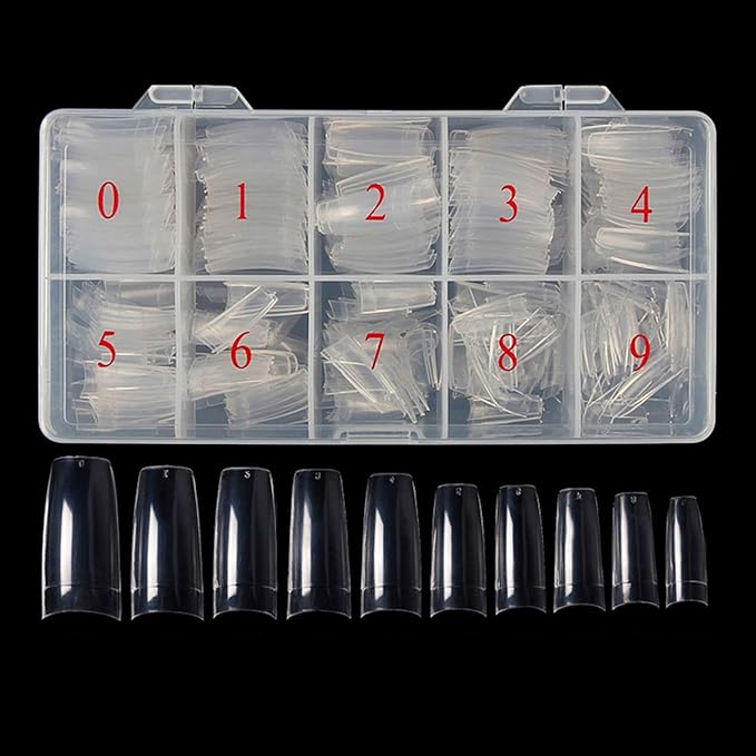 Clear Nail Tips 500pcs French Acrylic Half Cover Fake Nails with Storage Case 10 Sizes Long False Nail for Lady Nail Salons and Home DIY Nail Art(French Half Cover)