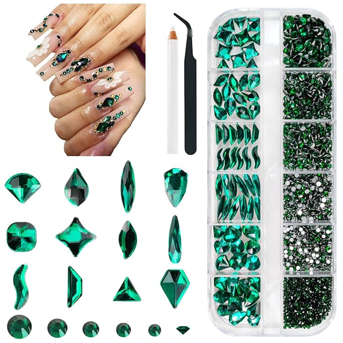 Green Nail Rhinestones Multi Shapes Emerald Green Rhinestones for Nails Flatback Nail Big Gems K9 Glass Round Beads Stones Diamonds Nail Charms Art for Nails Faces Eyes Crafts DIY