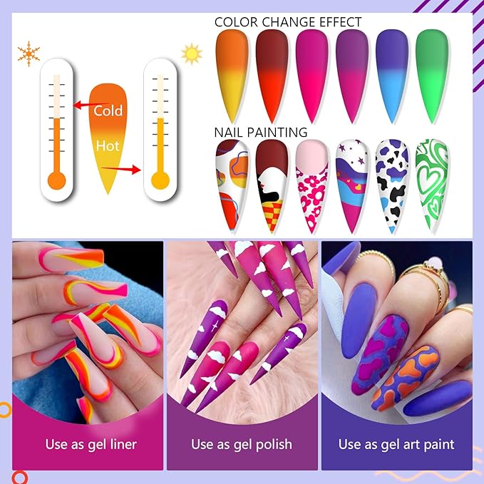 SAVILAND Temperature Color Change Gel Nail Art Polish: Nail Art Pens 6 Colors Changing Liner Gel Polish Mood Temperature Change Nail Polish Set Soak Off Nail DIY Salon Manicure Home Gift Christmas