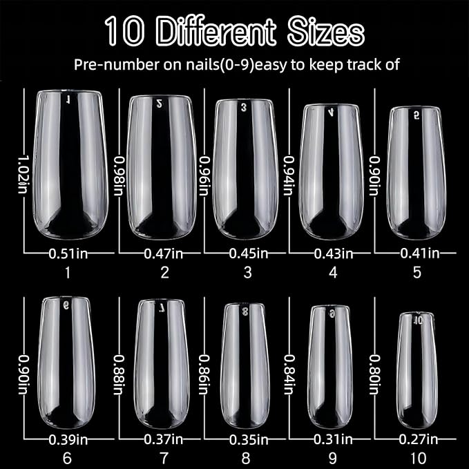 1000Pcs Short Full Cover Almond & Square Nail Tips Gel x Clear Set,10 Size Clear Press On False Nail Tips for Manicure Art Home DIY Salon