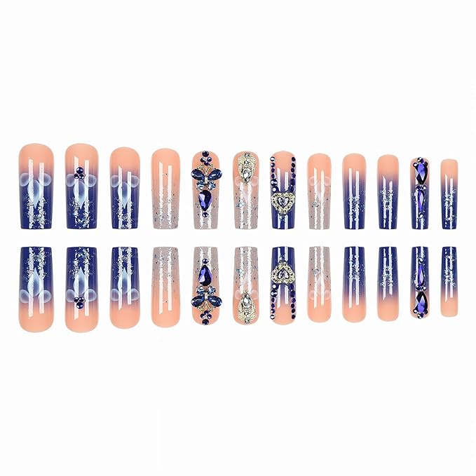 MISUD Press on Nails - Long Square Fake Nails with Royal Blue, Acrylic Bling Glitter Rhinestone Design 24 pcs