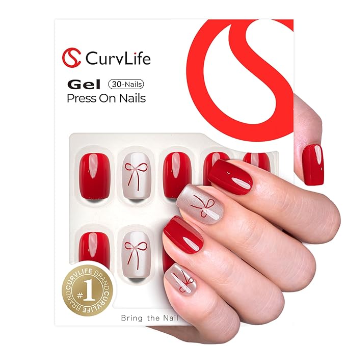 CurvLife Square Press On Nails Short – 30Pcs Soft Gel Ribbon Red Cat eye Charm Fake Nails, Reusable Glue On Nail Kit with Adhesive Tabs, Natural Fit & Salon-Quality for Women & Girls