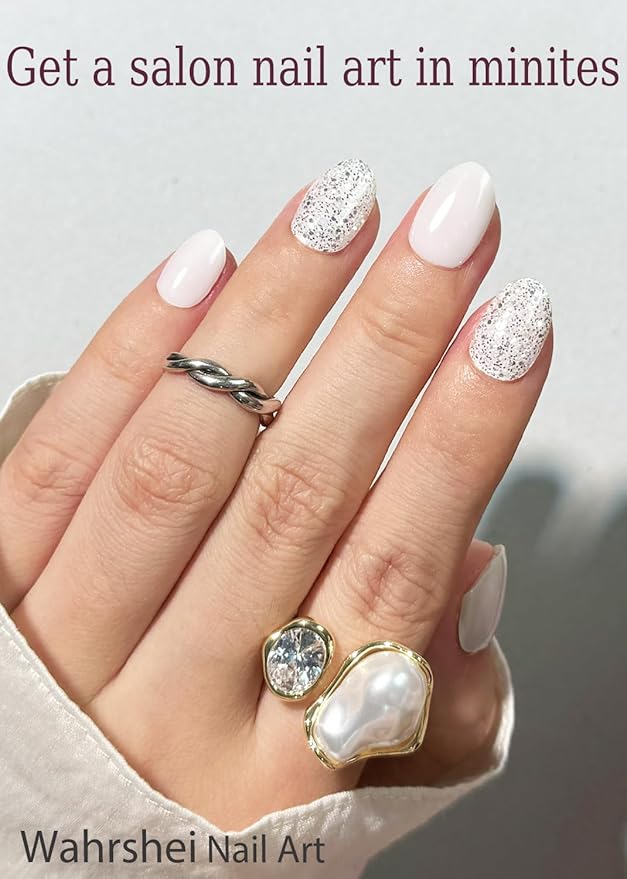 UV Gel Nail Stickers, Milky White Glitter 30pcs Semi Cured Gel Nail Strips, Wraps for Home Manicure DIY
