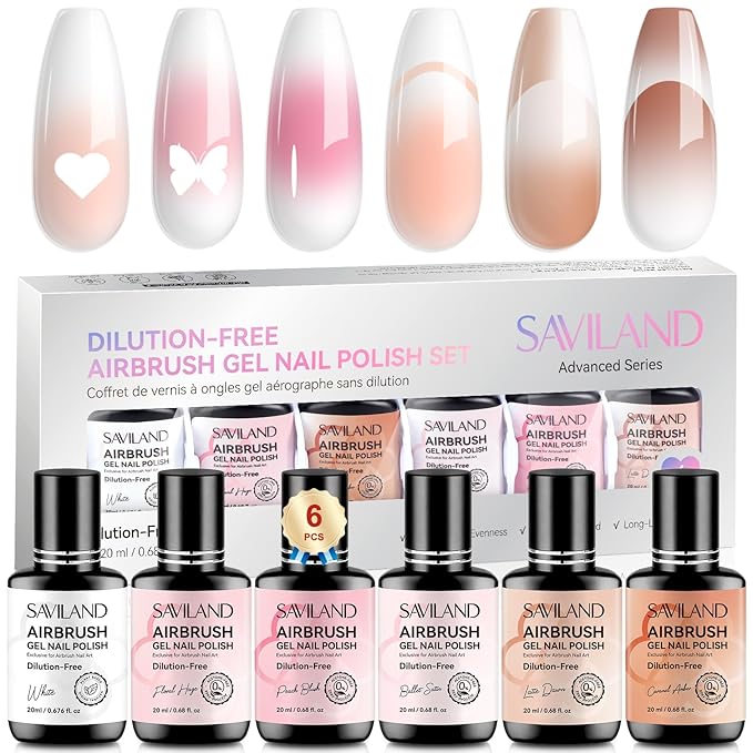 SAVILAND Dilution-Free Airbrush Gel Nail Polish: 6PCS 20ml White Pink Nude Airbrush Paint for Nails 0-Acetone Non-Toxic Airbrush for Nails Gel 28 Days Lasting for Ombre French Nail Art Party
