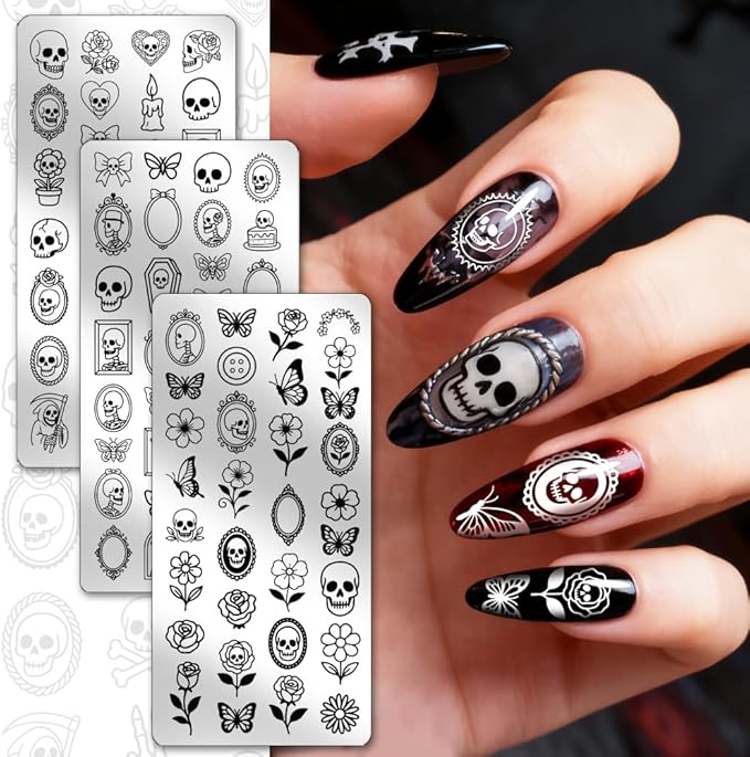 PH PandaHall 3pcs Gothic Skull Nail Stamping Plate Skeleton Picture Frame Nail Art Templates Candles Cobwebs Nails Stamper Kit Horror Butterfly Nails Art Stencils for Women Print Manicures Salon