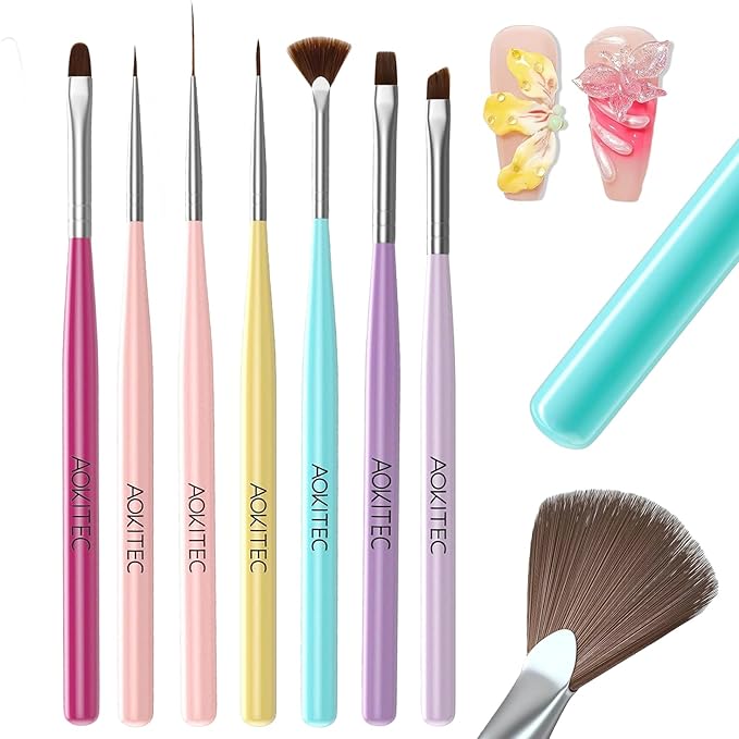 Aokitec 7 Pcs Nail Art Brushes Set, Professional Nail Paint Brush Kit,Manicure Detail Design Tools for Painting Carving,Extensional,Builder Gel DIY