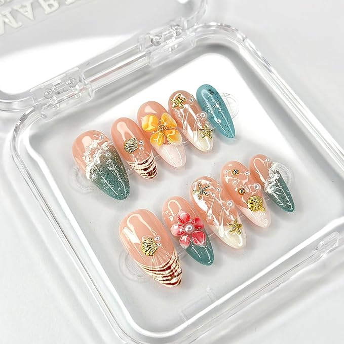 Luxury Press on Nails Medium Almond French Tip Handmade 3D Unique Reusable ABS Material Fake Nails Summer False Nails with Designs Plumeria Floral Art Petal Glossy Glue on Nails Thick Acrylic Nails(M)