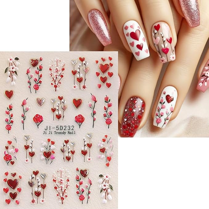 Valentines Day Nail Art Sticker for Nail Art 5D Embossed Love Heart Nail Stickers Gold Red Heart with Flower Rose Romantic Holiday Nail Art Supplies Cute Nail Decals for Women Manicure Accessories