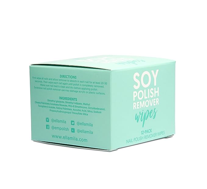 ella+mila Soy Nail Polish Remover Wipes - Non-Acetone, Non-Toxic Fingernail Polish Remover Pads - Travel Size, Individually Wrapped, Lint Free - Enriched with Vitamins (12 Pack)