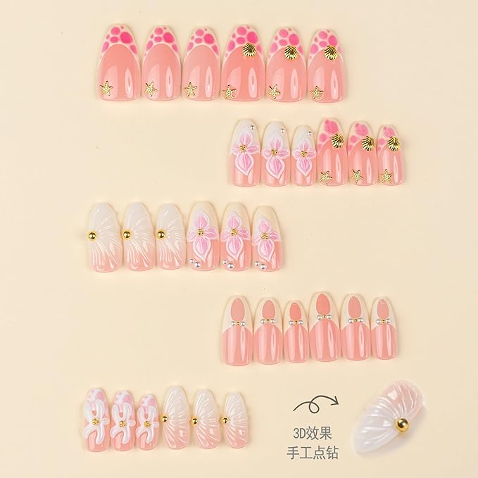Press on Nails Medium Almond Fake Nails 3D Artificial Nail Spring Pink Stick on Nail for Women 30pcs