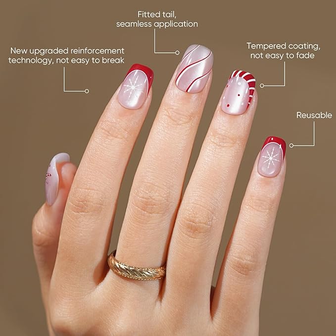 Press On Nails Short - Jofay Fashion Cat Eye Press On Nails Square, Red Candy Cane Fake Nails with Glue, Glossy Reusable Acrylic Nail Tips in 16 Sizes, Christmas Stick On Nails for Women Girls Gift