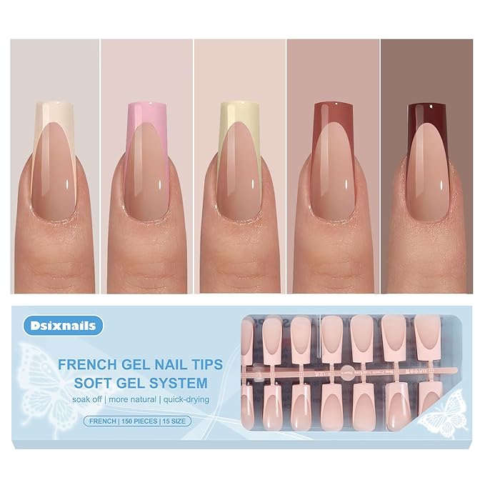 150pcs Long Skin Tones French Tip Press on Nails, 3 in 1 Square Press on Nails in 15Sizes, Pre-lasting Soft Acrylic Gel Nail Tips, No Need to File Fake False Nail Tips Extension for Women Nails