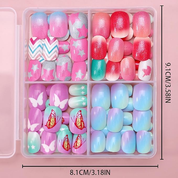 96Pcs 4 Packs Cute Short Press on Nails for Girls 4 Styles 12 Sizes Press on Nails for Kids Press ons with Butterfly Unicorn Star Aurora Designs Full Cover Acrylic Nails for Little Girl Gift Manicure