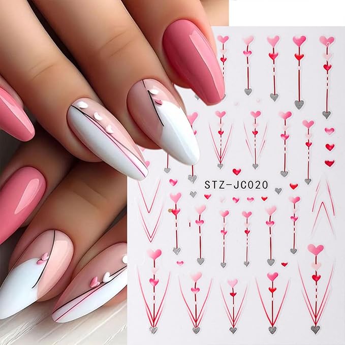 9 Sheets Valentines Nail Art Stickers Red Heart Nail Decals 3D Self Adhesive Holiday Nail Supplies Romantic Arrow & Tree Branch Design Nail Stickers for Women Pink Heart DIY Manicure Art Accessories