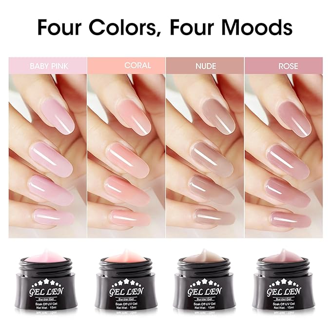Gellen Builder Gel, Nail Extension UV Nail Gel Set Acrylic Nail Gel Kit, Easy DIY Home Gel Manicure - Pink Nudes Peach 4 Colors Hard Ge l Builder 15ml