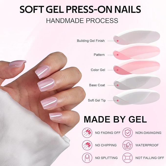 Press On Nails Short - Findigit Pink Glossy Press On Nail Ons Square, Chrome Glazed Glue On False Nails, Stick On Nails in 16 Sizes - 32 Soft Gel Fake Nail Kit, Pink Glazed