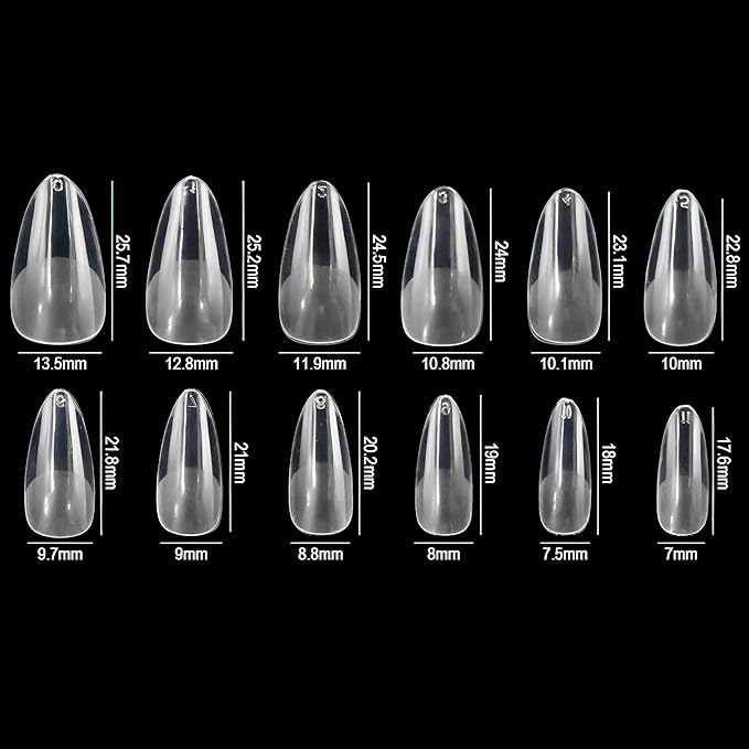 Short Almond Gel Nail Tips, 600PCS Pre - Etched Clear Fake Nails, 12 Sizes Full Cover Soft Acrylic Press - On Nail Extensions, No C Curve, DIY Manicure at Home