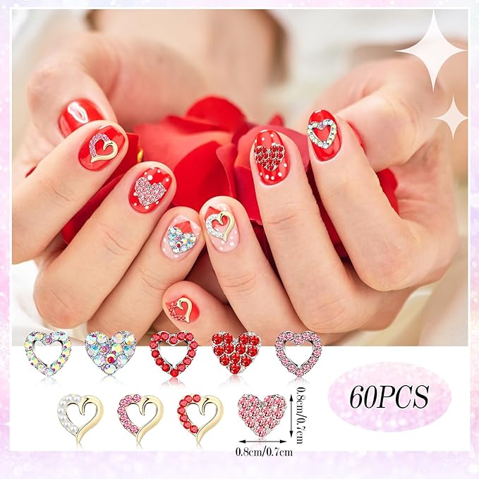 60 Pcs Valentine Heart Nail Charms for Nail Art Bulk 3D Bling Heart Rhinestone Decals Alloy Crystal Charms Diamonds Decor Love Gem Decals for Women Valentine's Day DIY Jewelry Accessories