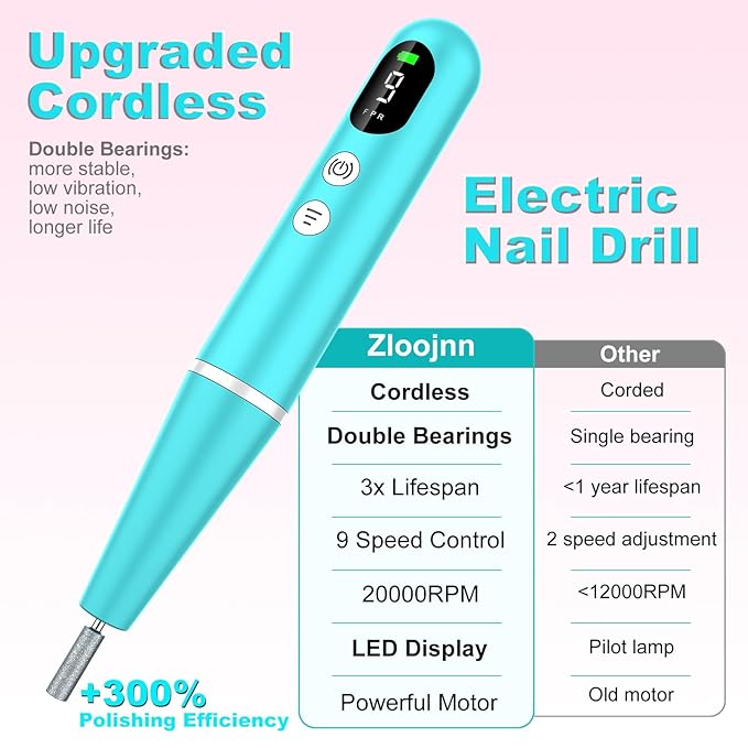Cordless Electric Nail Drill File kit:Nail File Electric with 9 Speed LED Display for Acrylic Gel Dip Powder Polish,Professional Portable Manicure Pedicure Rechargeable for Home Salon Use (Blue)
