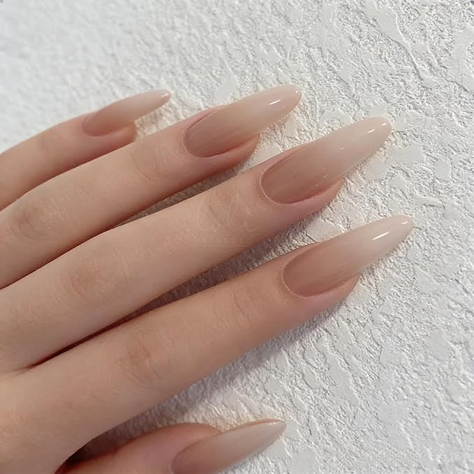 24pcs Long Almond Press On Nails,Translucent Nude Gradient Fake Nails with Jelly Glue,Reusable Stick On Nails for Women & Beauty lovers