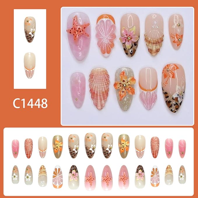 Medium Press on Nails Almond Fake Nails French Artificial Nail Flowers and 3D Embossed Stick on Nail for Women 24pcs