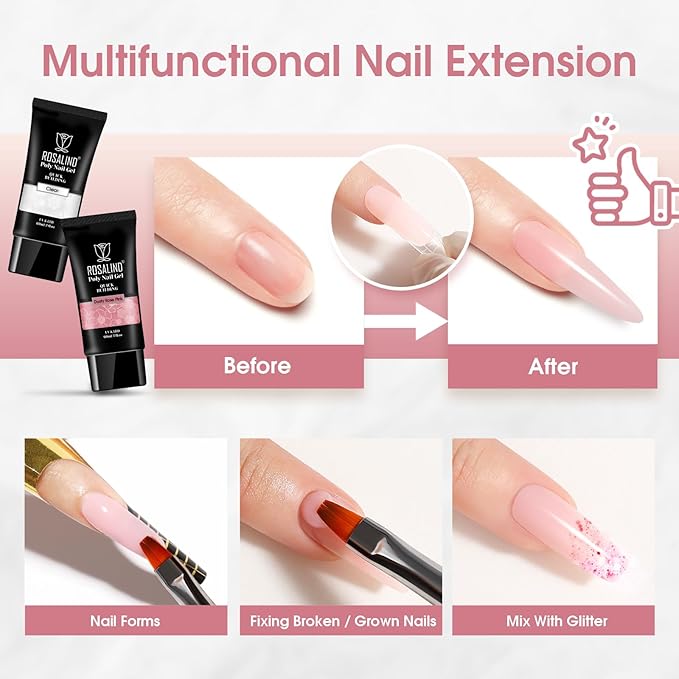 ROSALIND Clear Rose Pink Acrylic Poly Extension Gel, 2 PCS 60ml Clear Rose Poly Nail Gel Set, Builder Pink Gel Nail Thickening Poly Nail Gel Tube Easy to DIY Use Need UV Lamp