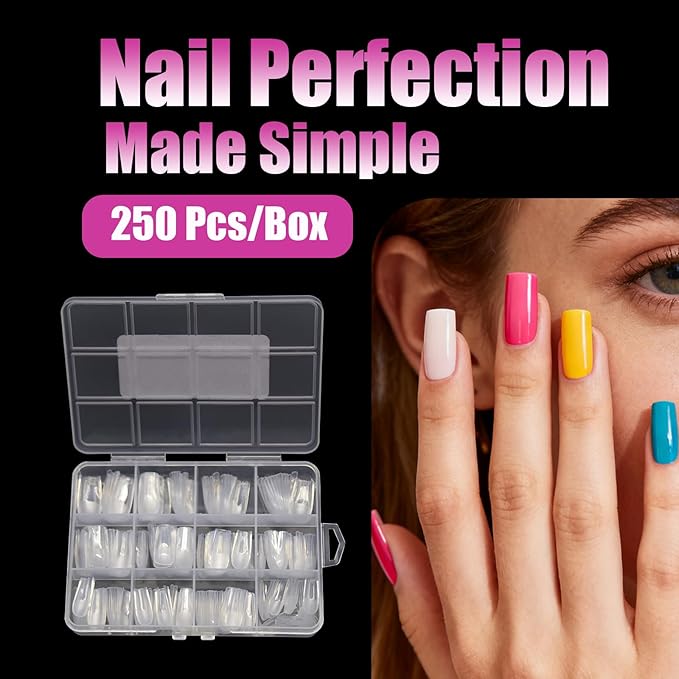 500PCS Clear Acrylic Nail Tips, 2 Shapes 10 Sizes - Half Matte Full Cover Fake Nails for DIY Manicure, Salon Professionals & Beginners - Rectangle Medium Coffin Pre-Shaped Extensions