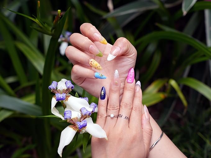 10pcs Handmade Press On Nails Almond Shaped - French Tip with 3D Floral & Polka Dot Design, Glossy Colorful Fake Nails Medium Length Full Coverage Acrylic Nails for Women (Dopamine Glow,S)